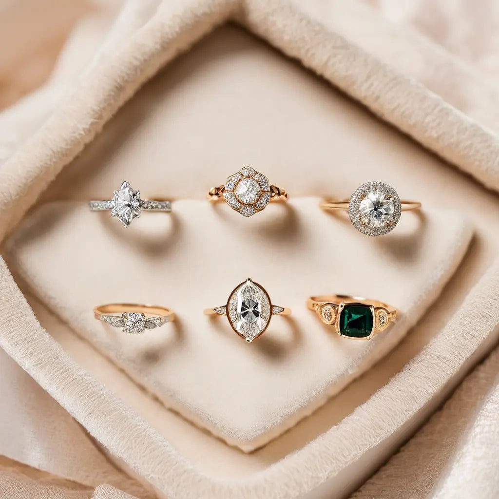 A collection of six elegant engagement rings, featuring various diamond and gemstone designs, set in a soft, cream jewelry box.
