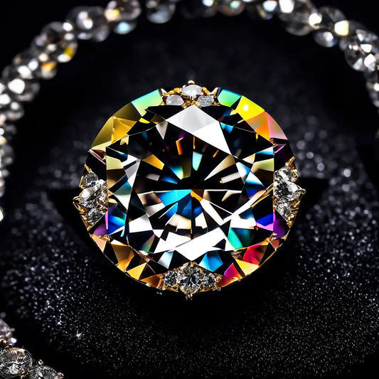 A dazzling round Portuguese cut diamond reflecting vibrant colors, surrounded by smaller gems, showcasing its intricate and timeless beauty.