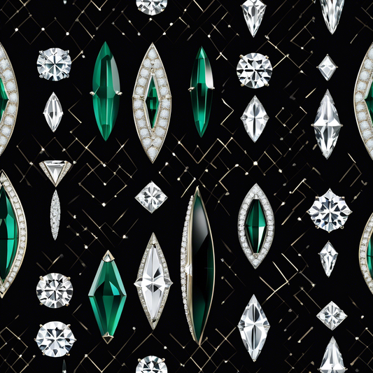 A stunning array of diamonds and emeralds in various cuts, including marquise, round, and kite, highlighting popular Portuguese diamond shapes.