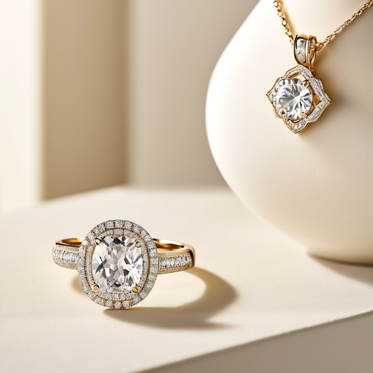 Gold ring and necklace with diamonds featuring the intricate Portuguese cut, highlighting craftsmanship and elegance against a soft backdrop.
