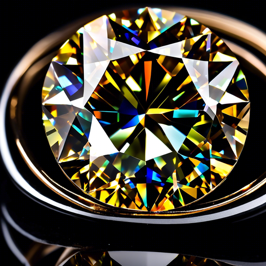 Close-up of a sparkling round Portuguese cut diamond with complex facets, reflecting vibrant light and colors, highlighting its timeless elegance.