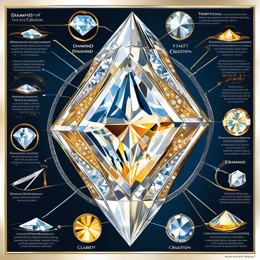 Illustrated diamond diagram with labels detailing facets, clarity, and design for enhancing fire and scintillation, relevant to diamond creation.