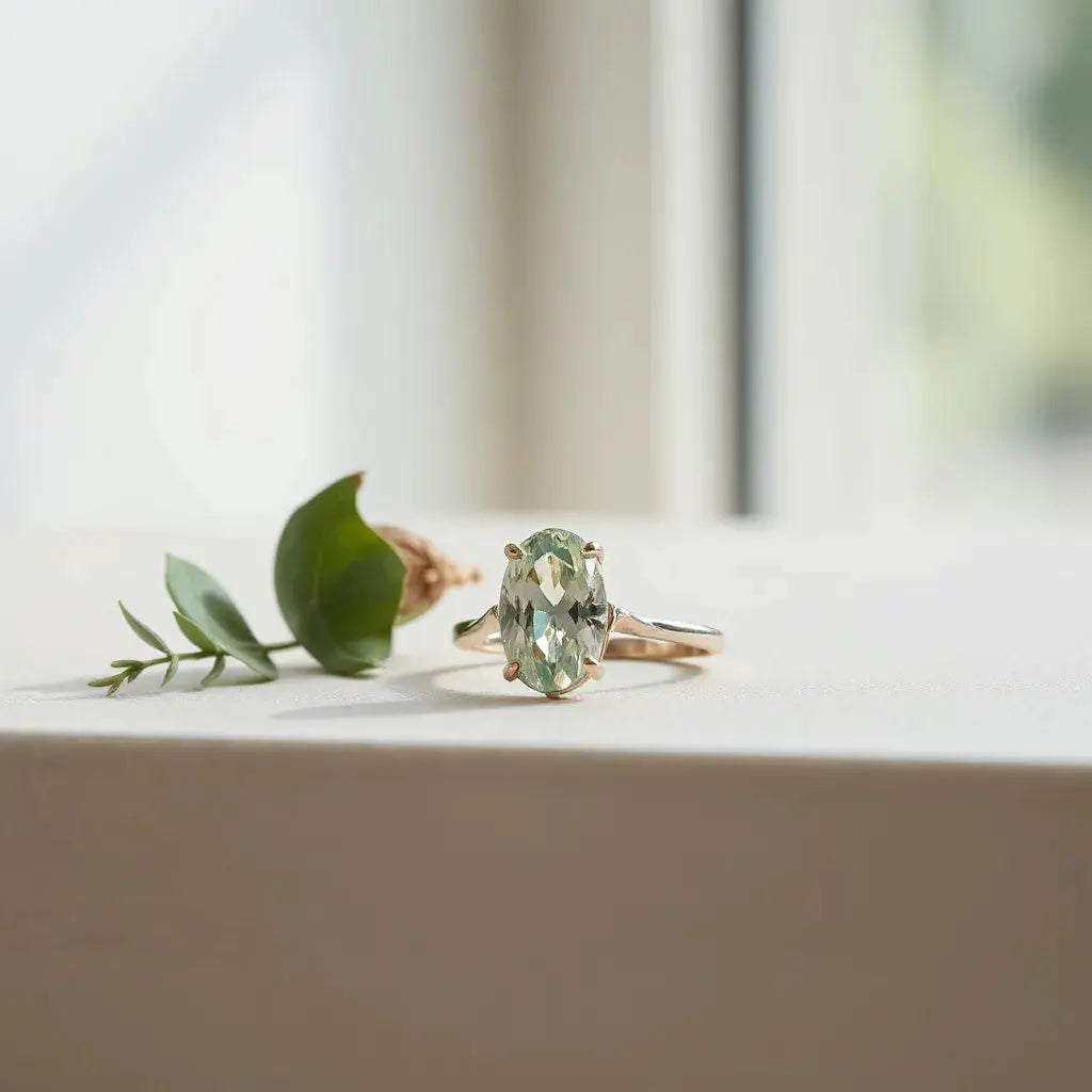 Distinct engagement ring with an elegant center stone and subtle unique band details on a neutral background
