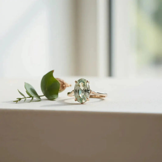 Distinct engagement ring with an elegant center stone and subtle unique band details on a neutral background