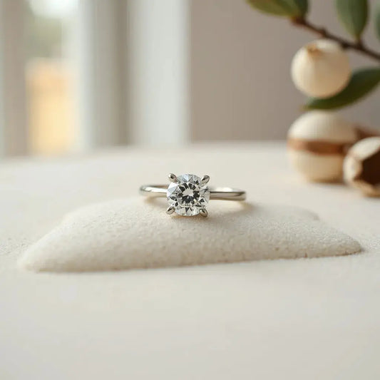 Diamond solitaire engagement ring with soft natural light on a neutral background with subtle Australian greenery