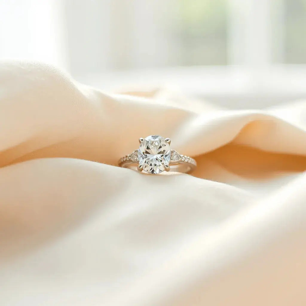Oval diamond ring with a clear oval center stone in soft natural light on neutral fabric