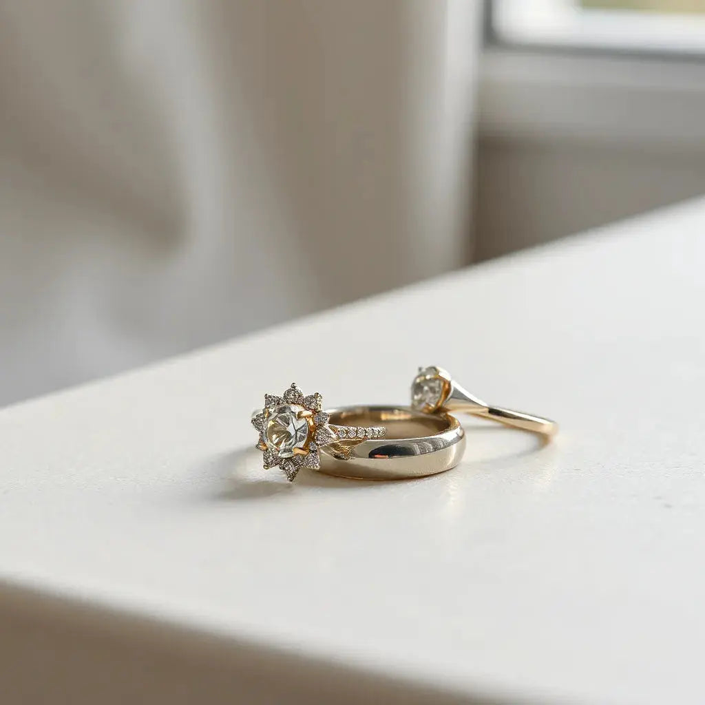 Two handcrafted engagement rings with a custom setting and gemstone detail under soft natural light