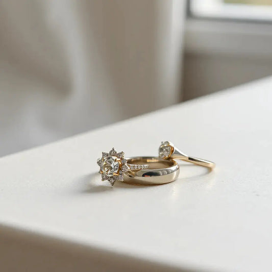 Two handcrafted engagement rings with a custom setting and gemstone detail under soft natural light