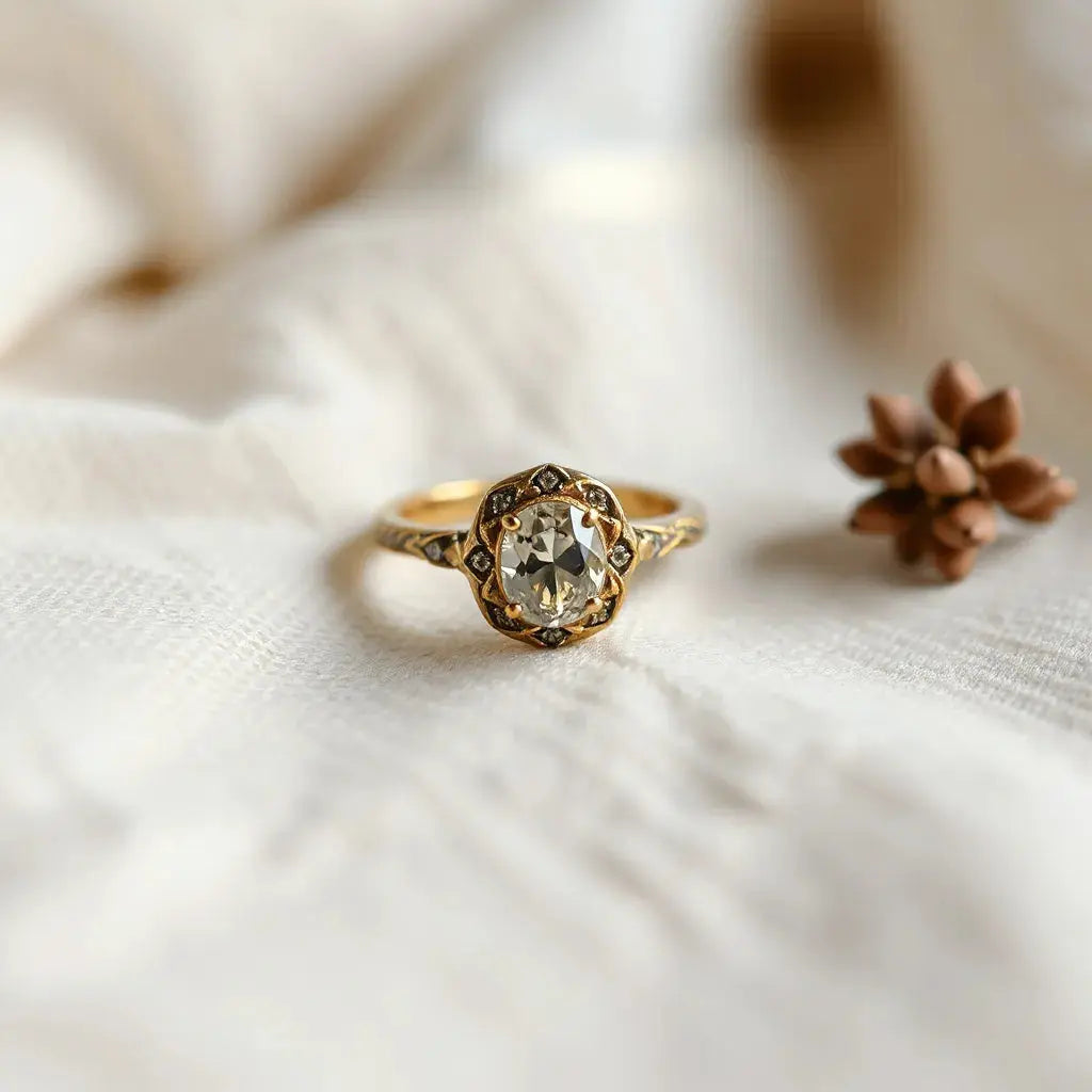 Vintage-inspired engagement ring with milgrain detailing on neutral linen fabric