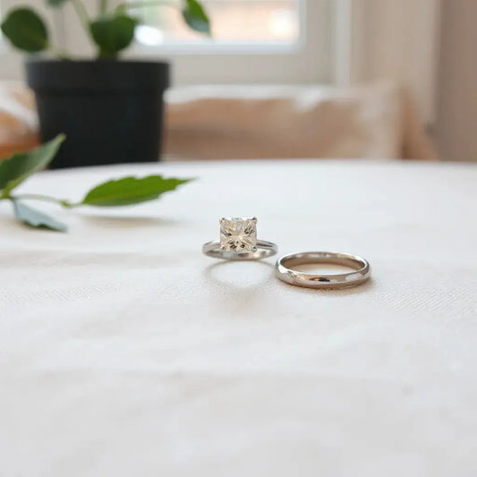 Solitaire engagement ring resting on light linen with a matching band under soft natural light