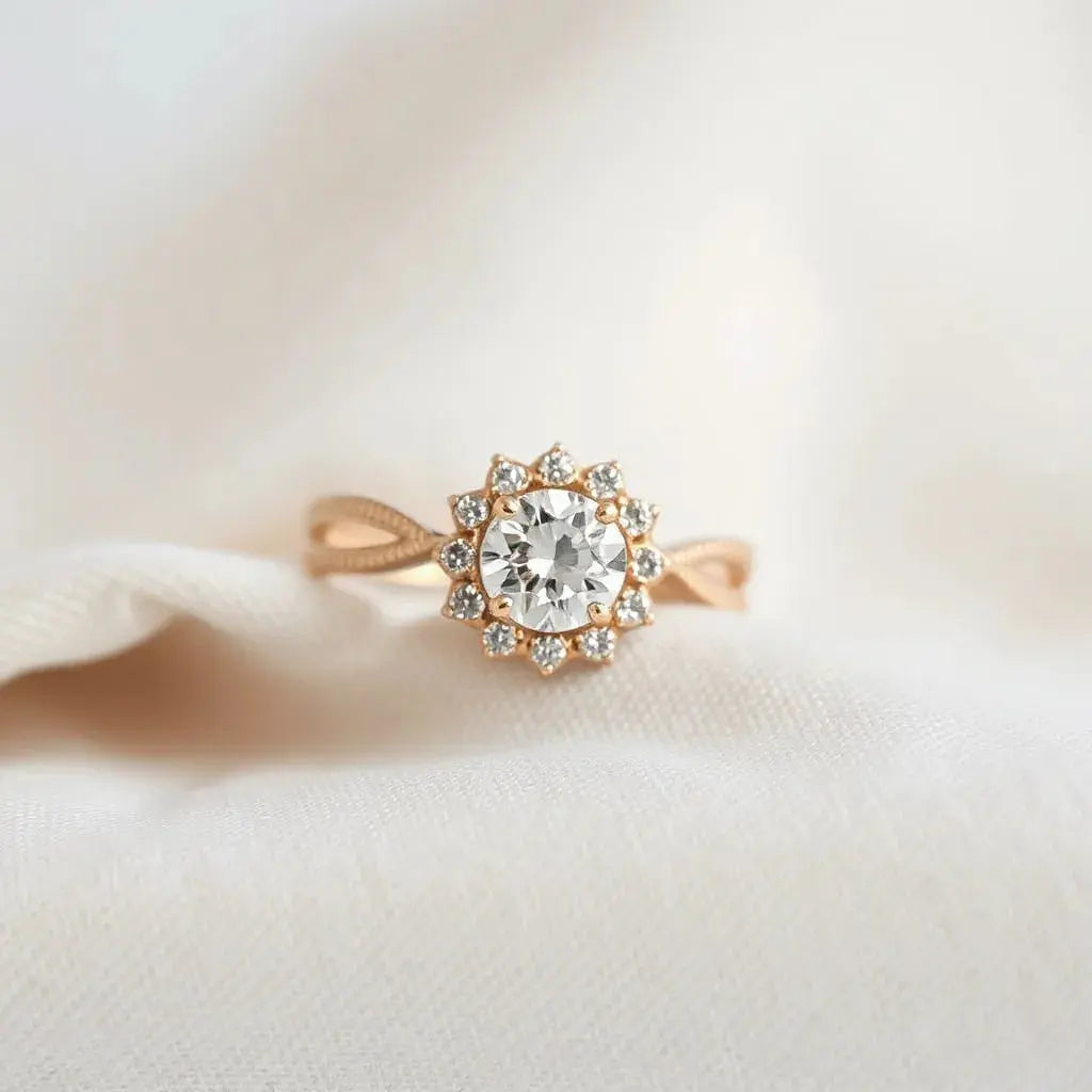 Halo engagement ring with a central round diamond surrounded by a sparkling halo on a neutral background