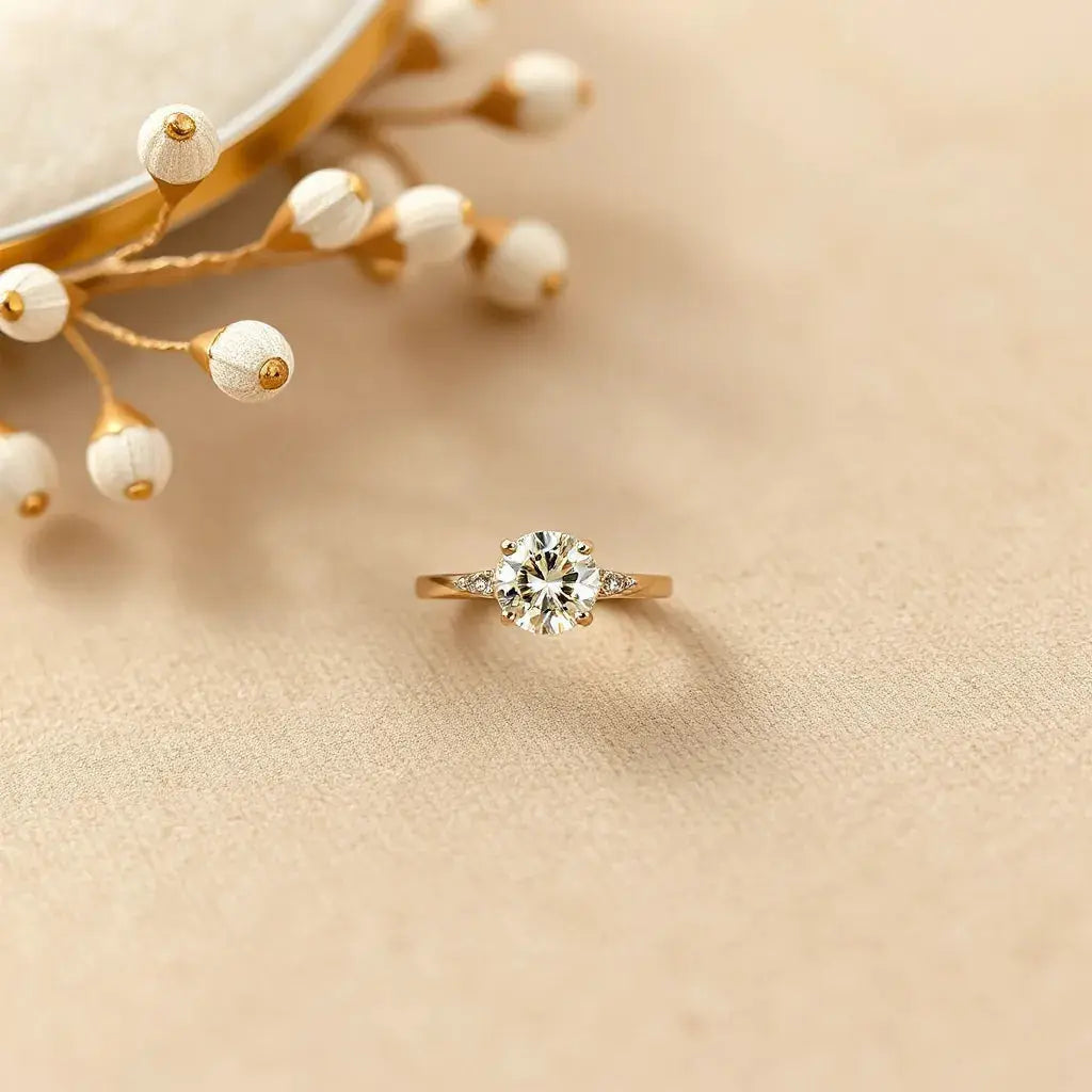 Elegant engagement ring with a brilliant diamond and matching band on neutral velvet