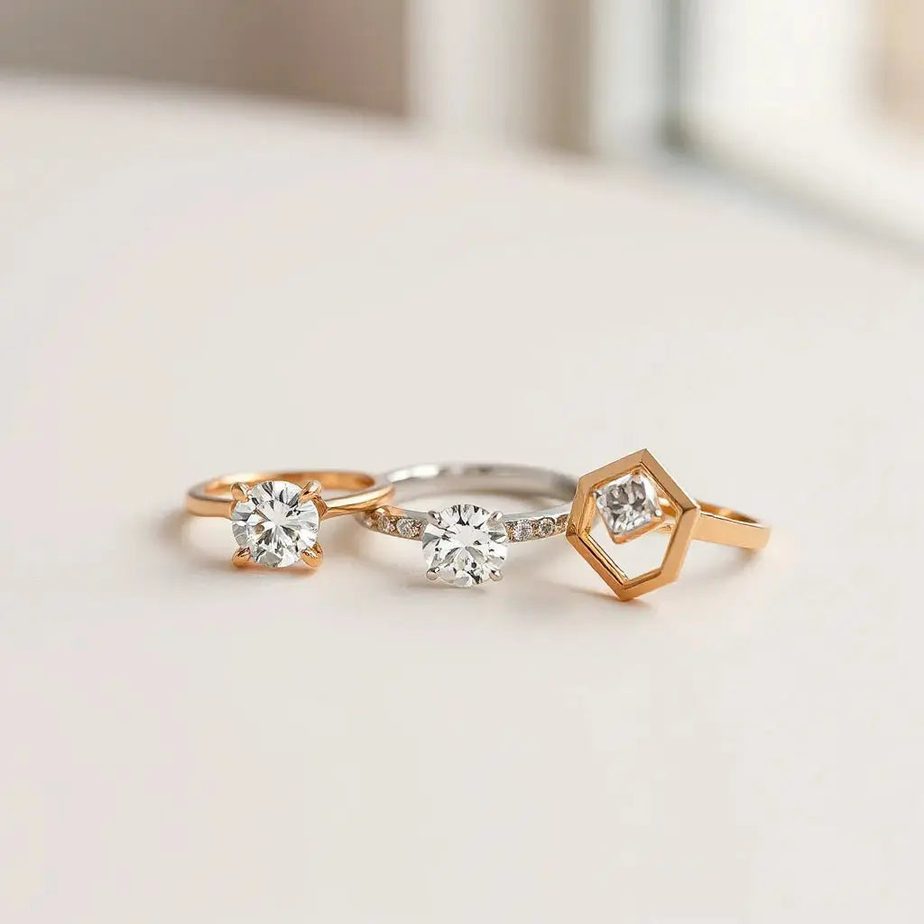 Three modern diamond rings with minimal settings and subtle sparkle on a light neutral background