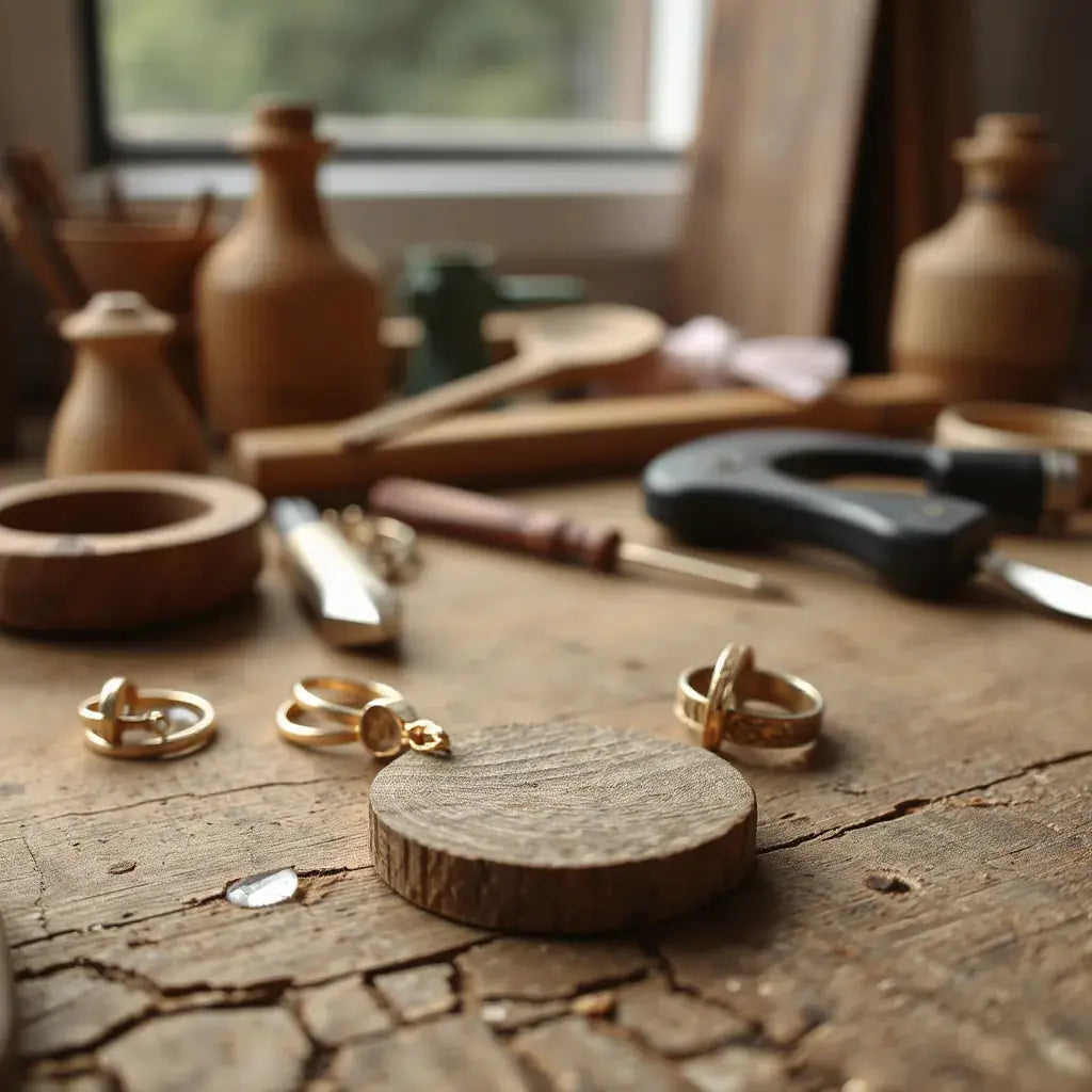 Handcrafted gold pendant, earrings, and rings displayed on a wooden workbench in warm natural light