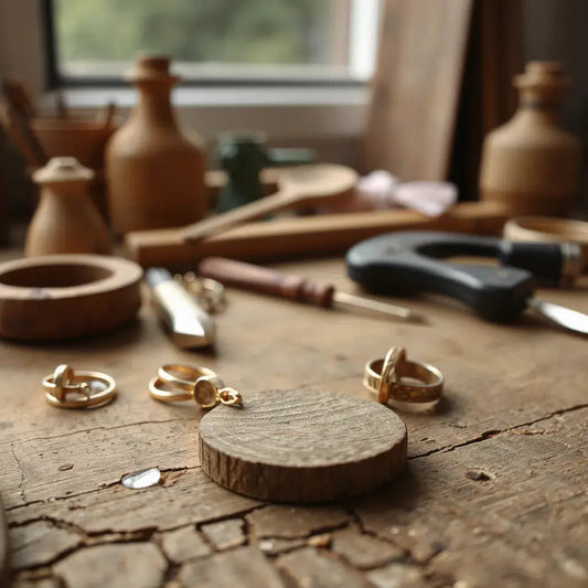 Handcrafted gold pendant, earrings, and rings displayed on a wooden workbench in warm natural light