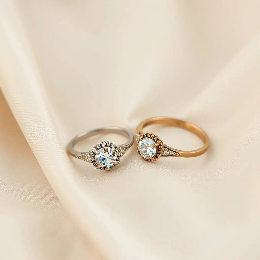 Vintage-style engagement rings with ornate settings on soft neutral fabric, showing detailed metalwork and sparkle