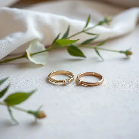 Two distinct couples rings with subtle gemstone accents arranged side by side on a neutral background.