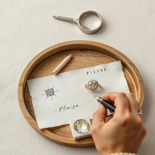 Custom engagement ring design in progress with a jeweler’s sketch, tools, and a gemstone on a tray