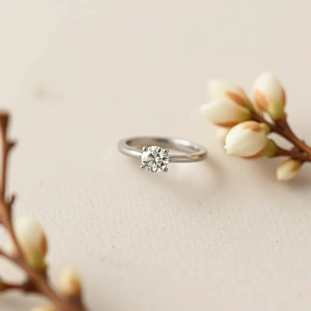 Solitaire diamond engagement ring with a sparkling center stone on a soft neutral background