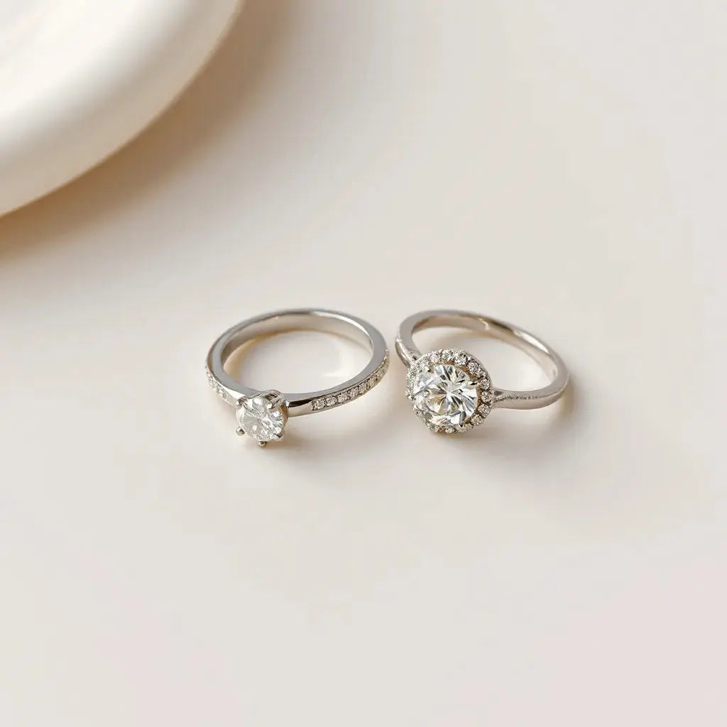 Two designer diamond rings with distinct settings and sparkling stones on a light neutral background