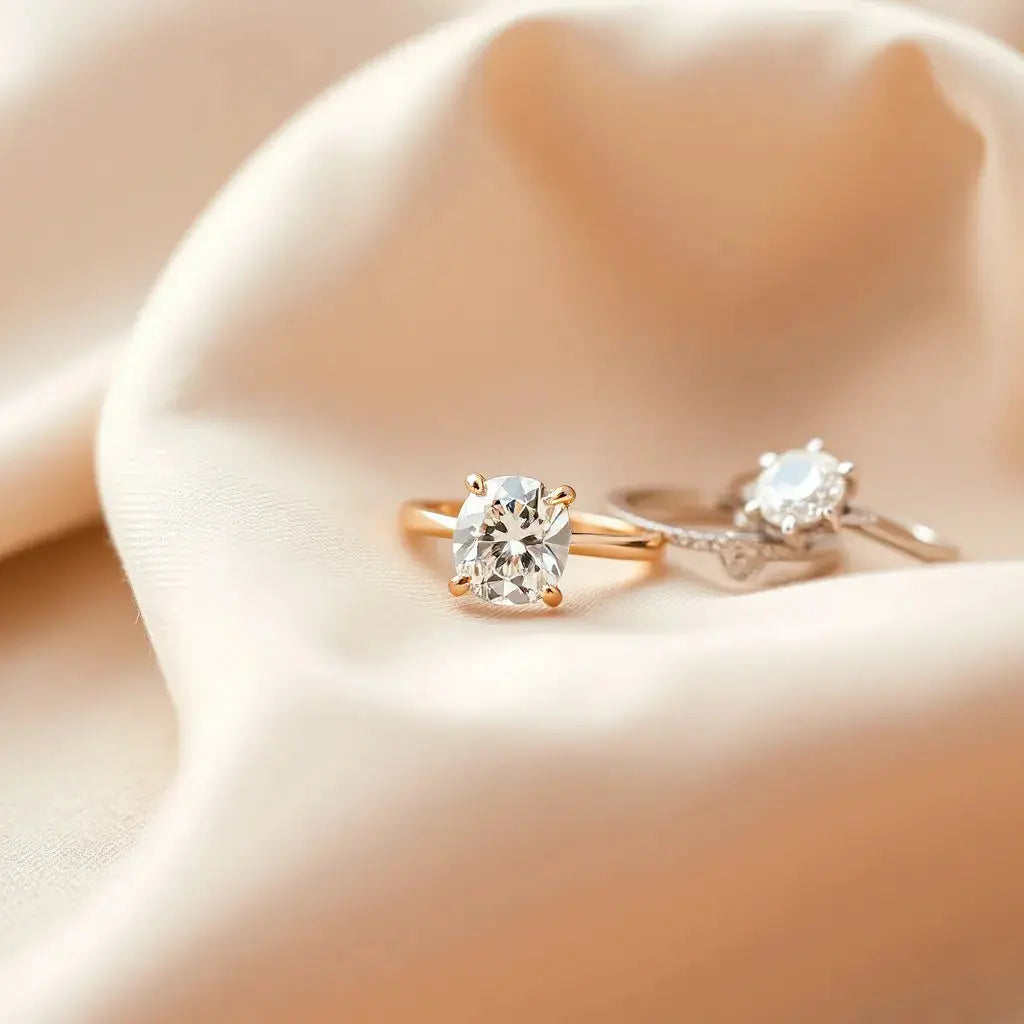 Assorted luxury diamond rings with a radiant solitaire diamond on neutral fabric