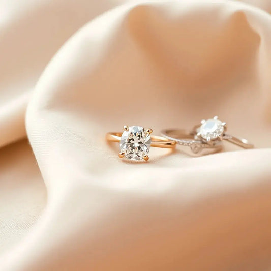 Assorted luxury diamond rings with a radiant solitaire diamond on neutral fabric