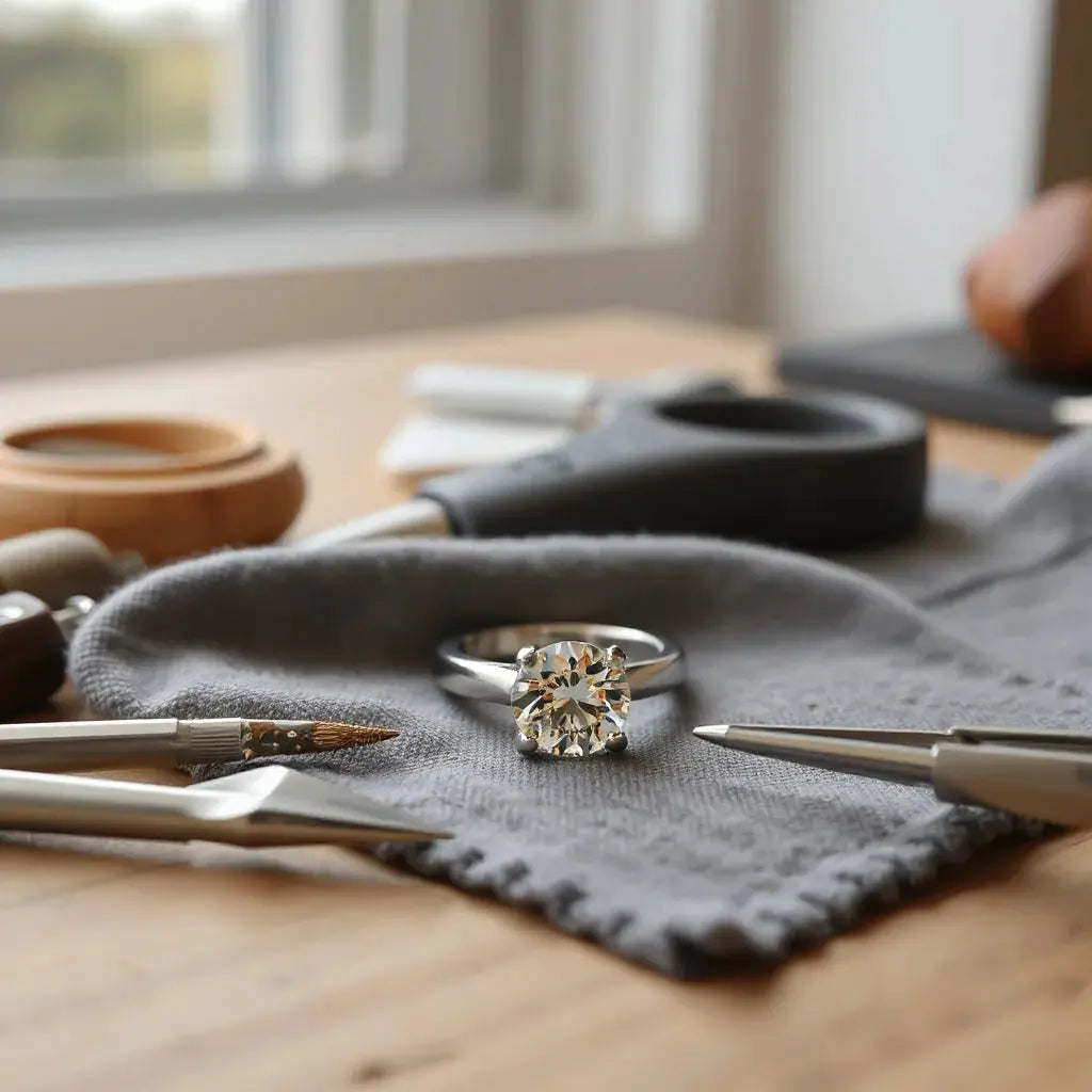 Diamond center stone on a custom ring setting on a jeweler’s workbench with tools nearby