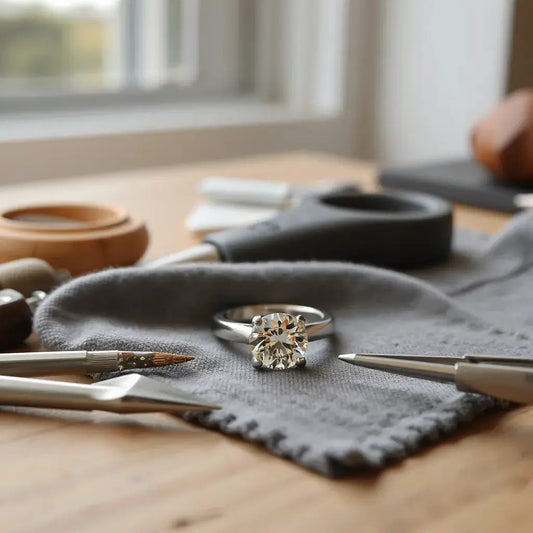 Diamond center stone on a custom ring setting on a jeweler’s workbench with tools nearby