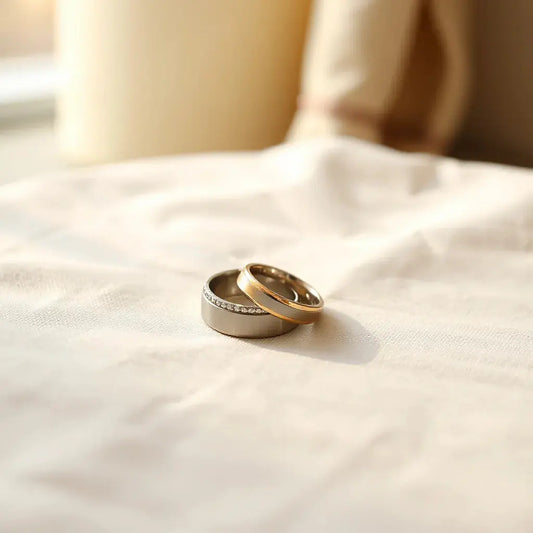 Two matching wedding bands in warm lighting with visible metal texture on a neutral fabric background