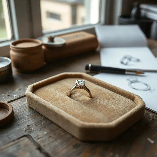 Handcrafted engagement ring with a custom diamond setting on a jeweler’s workbench