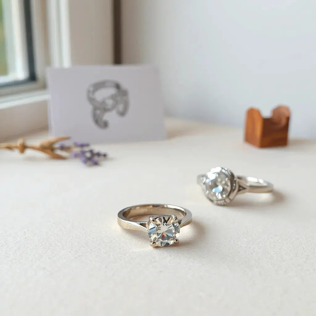 Two custom engagement rings with engraved bands and a detailed center stone on a neutral background