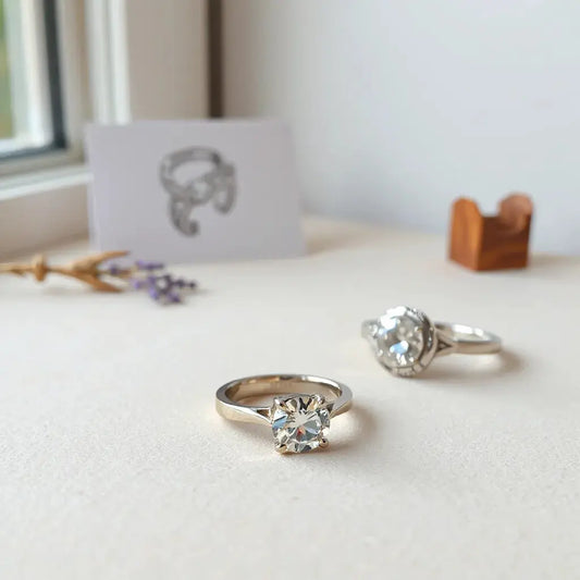 Two custom engagement rings with engraved bands and a detailed center stone on a neutral background