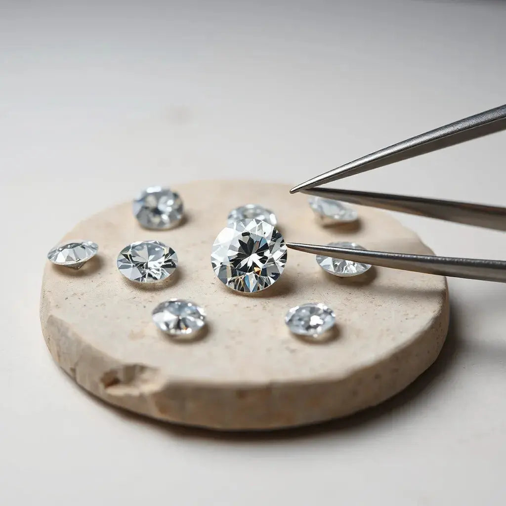 Lab grown diamond center stone with clear facets on a neutral background under soft studio light