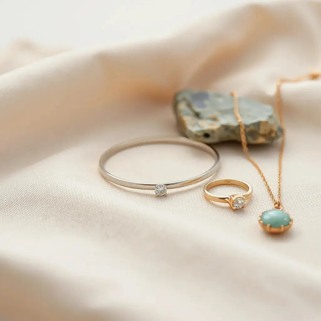Assorted fine jewellery pieces including a ring, bracelet, earrings, and pendant on a neutral background