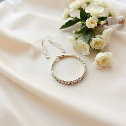 Bridal earrings, necklace, bracelet, and ring arranged on satin with soft white flowers