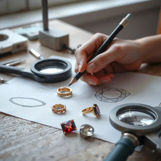 Jeweler’s sketching desk with a gold ring and gemstones under soft natural light