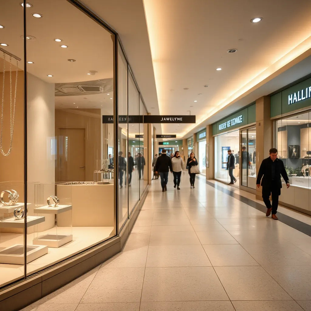Jewellery shop storefront in a modern shopping centre with elegant ring and necklace displays
