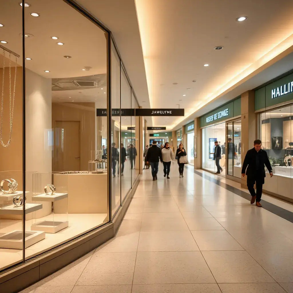 Jewellery shop storefront in a modern shopping centre with elegant ring and necklace displays