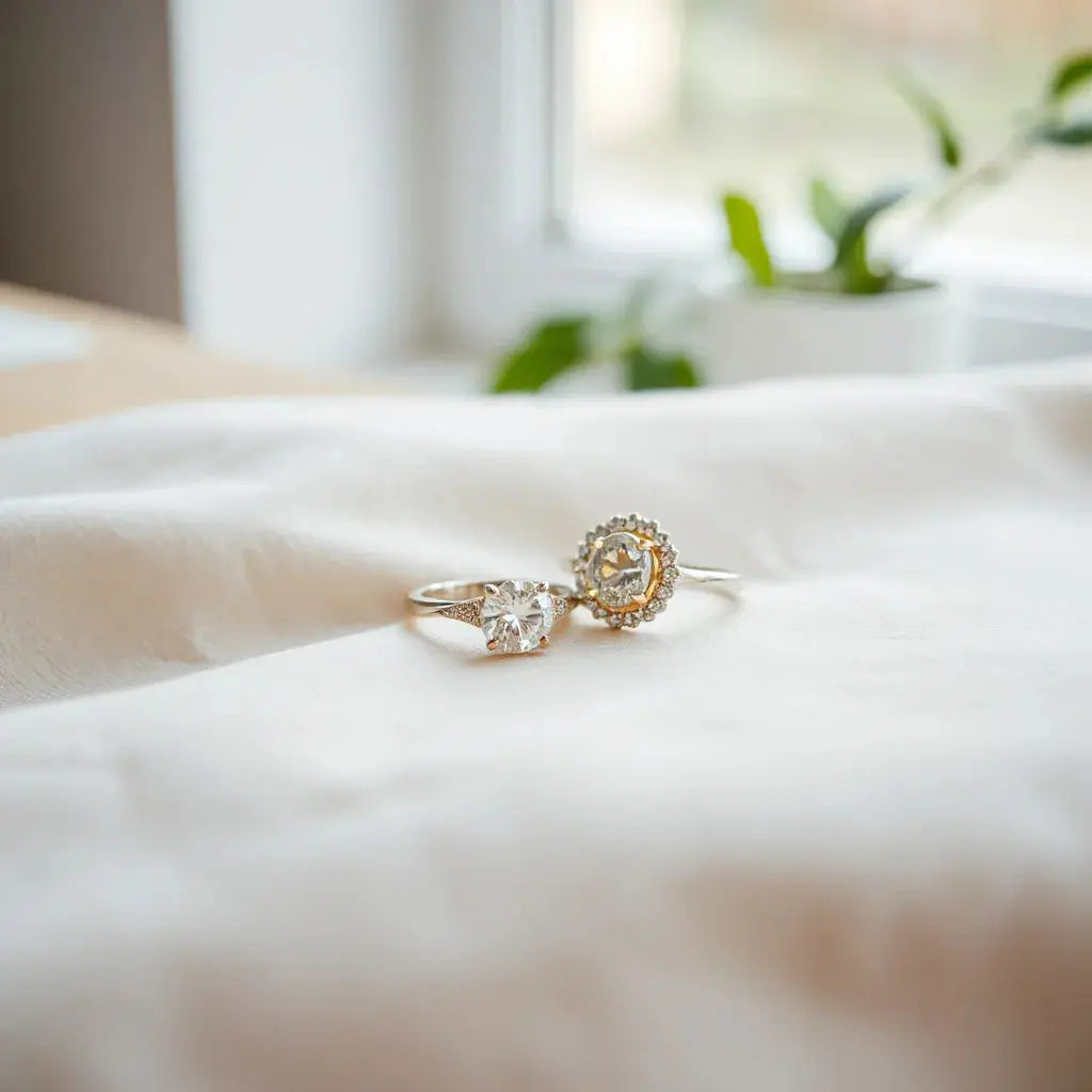 Diamond solitaire and halo engagement rings on neutral fabric under warm natural light