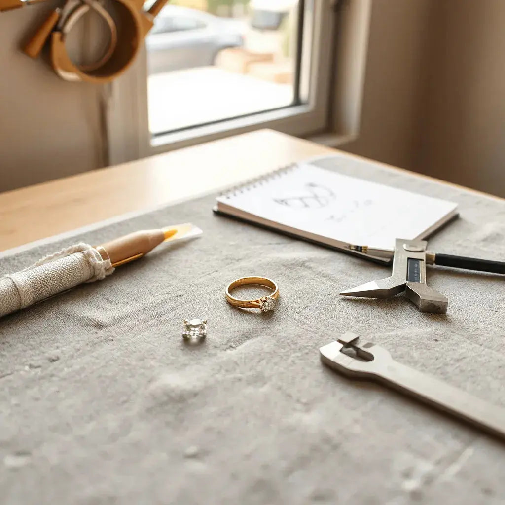 Gold engagement ring design on a jeweller’s workbench with tools and a diamond placeholder