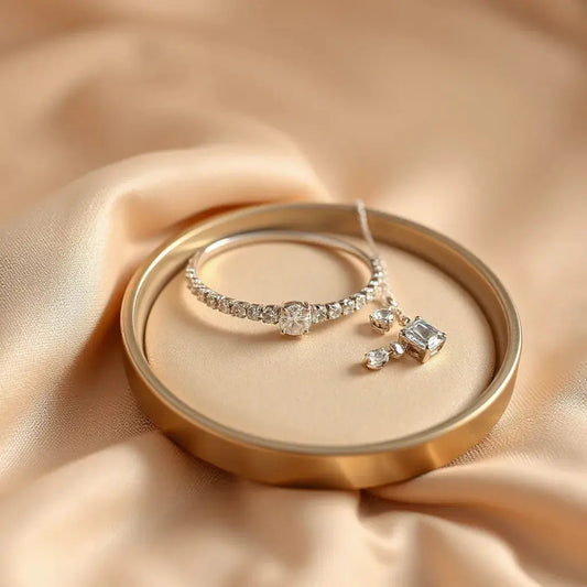 Diamond bracelet, pendant, and earrings arranged on soft neutral fabric with warm studio lighting