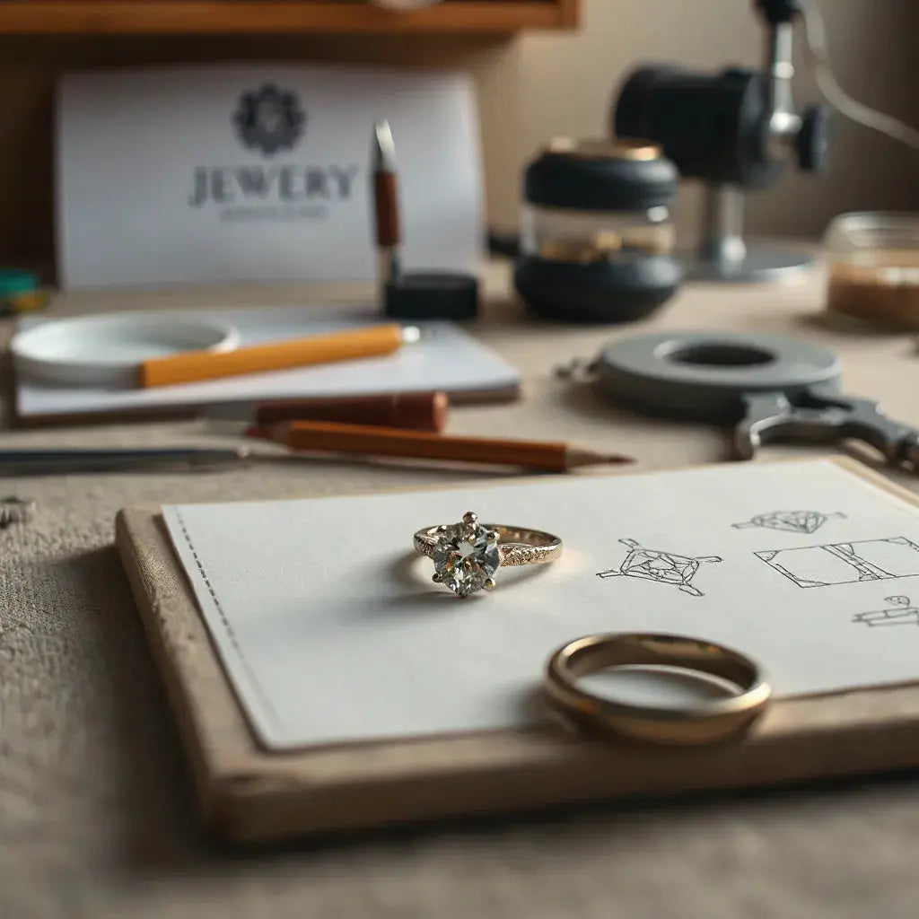 Gemstone and partially crafted engagement ring on a jeweler’s bench with tools and sketches