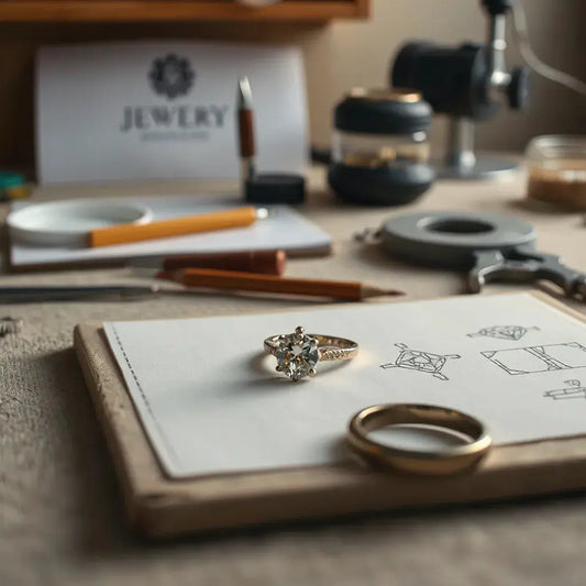 Gemstone and partially crafted engagement ring on a jeweler’s bench with tools and sketches