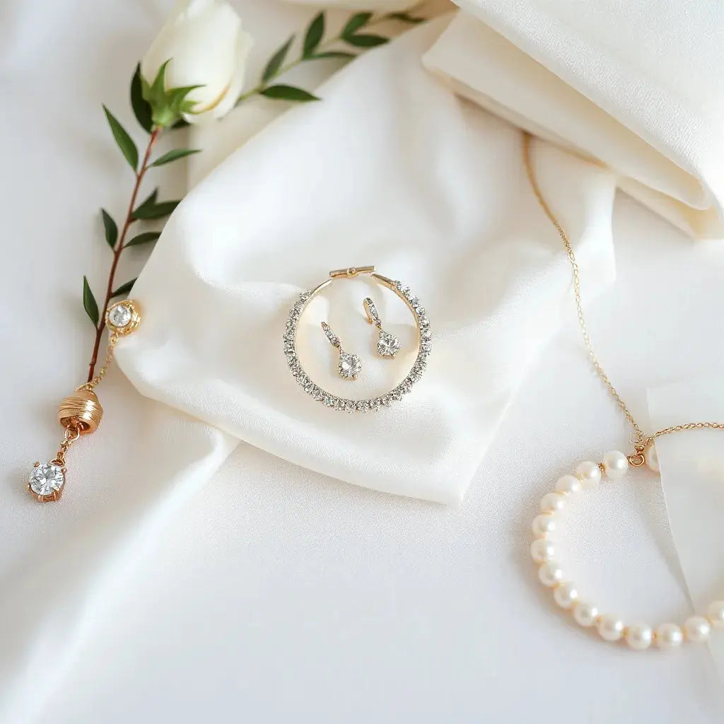 Delicate wedding jewellery set on white satin with earrings, bracelet, and ring in soft natural light