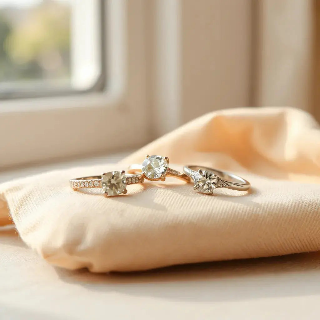 Engagement ring with a central gemstone on neutral fabric under warm natural light