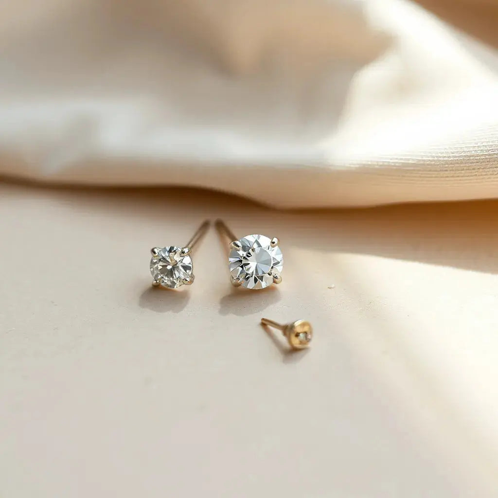 Two matching handcrafted diamond earrings with brilliant stones on a neutral background