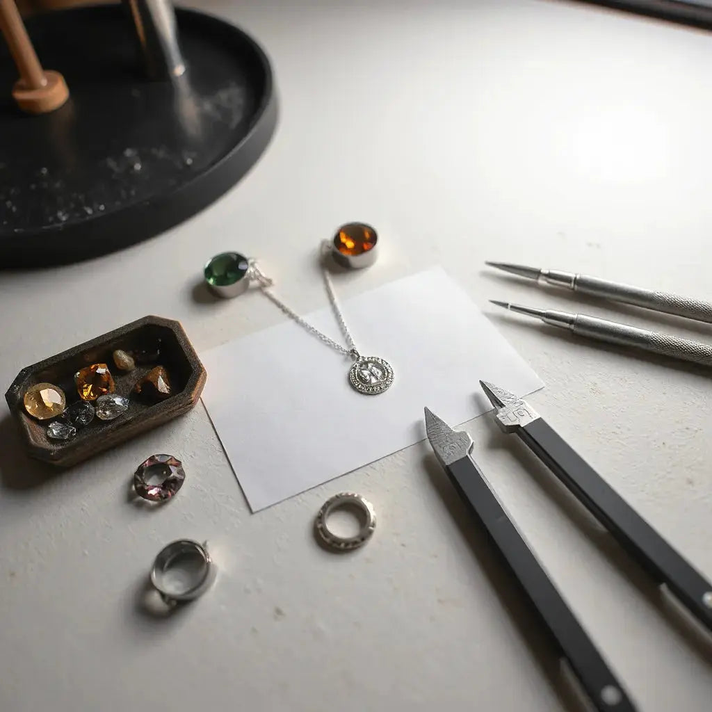 Jeweler’s bench with gemstone tray, pendant sketch, and metal piece in progress