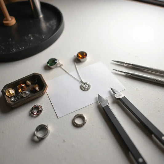 Jeweler’s bench with gemstone tray, pendant sketch, and metal piece in progress
