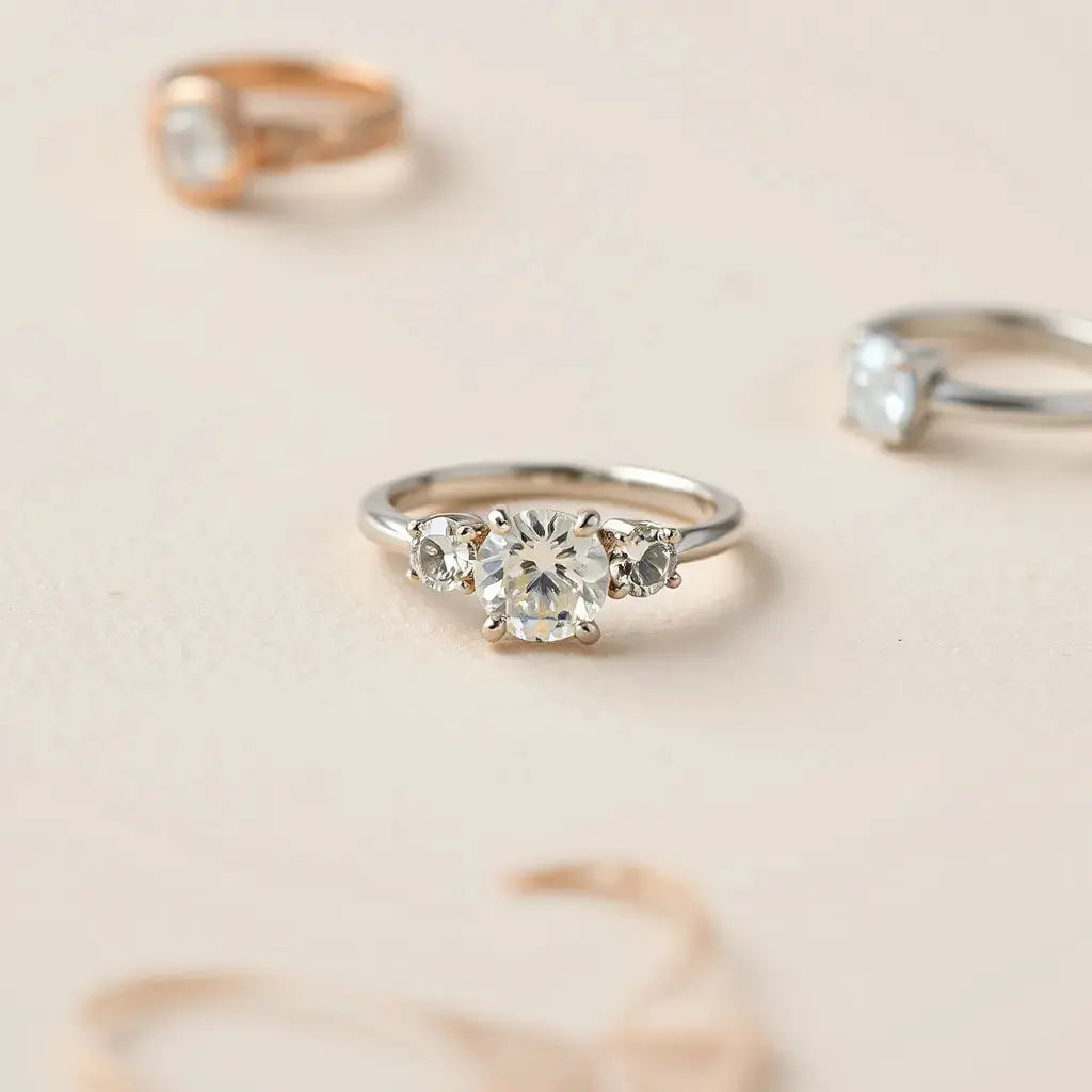 Trilogy engagement ring with three gemstones on a soft neutral background