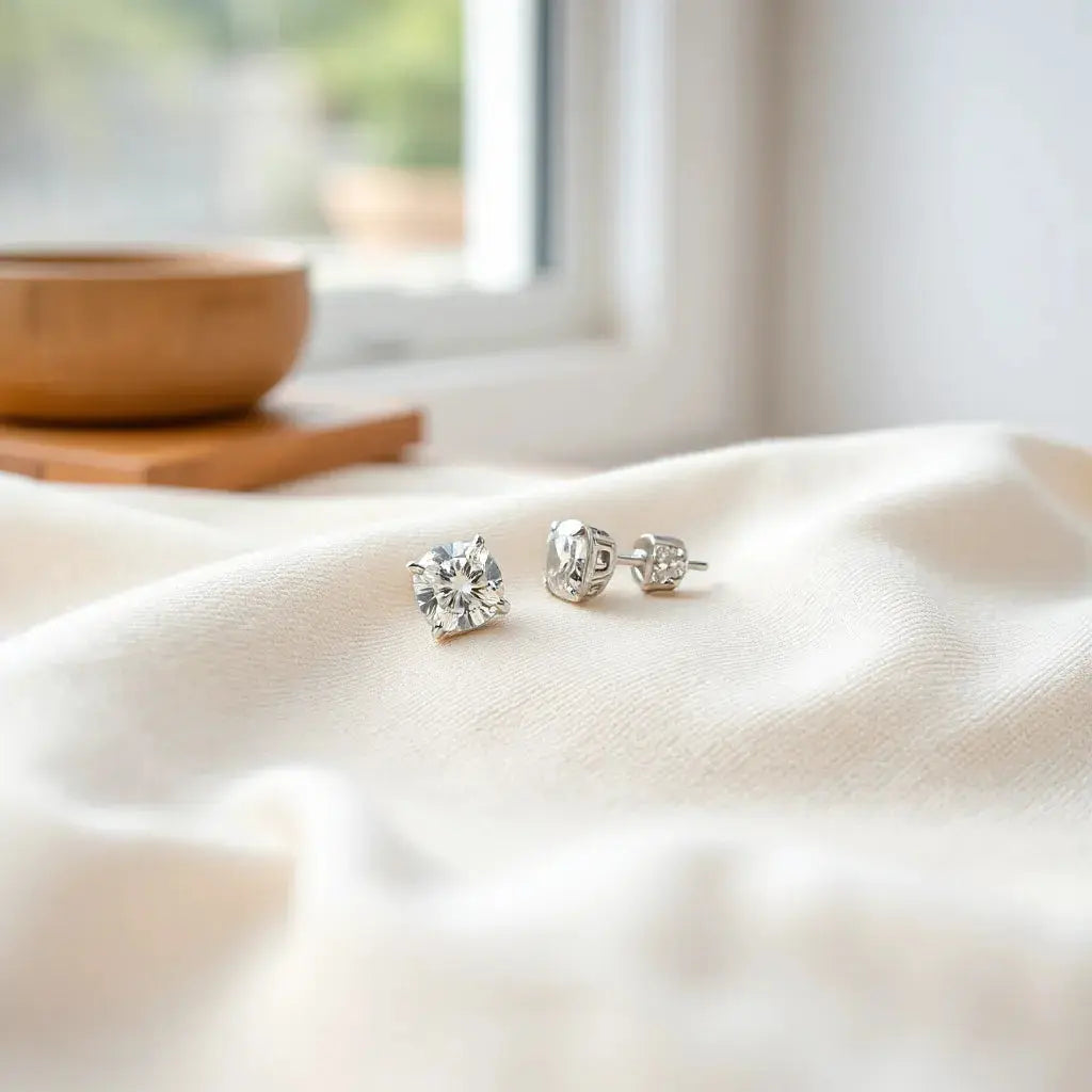 Elegant diamond stud and drop earrings resting on neutral fabric under soft natural light